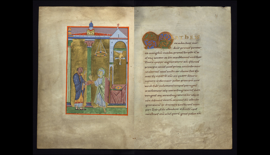 Pages from the Reichenau Gospels from the Middle of the 11th century CE. This Gospel Book is believed to come from the Abbey of Reichenau, on Lake Constance, on the basis of its script and illumination. As a whole, it is an excellent example of Ottonian book illumination. For full description, see http://www.thedigitalwalters.org/Data/WaltersManuscripts/html/W7/description.html.