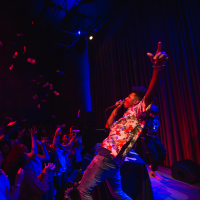 Hip hop artist Masego entertains the crowd in the Bing Studio, presented by Stanford Concert Network.