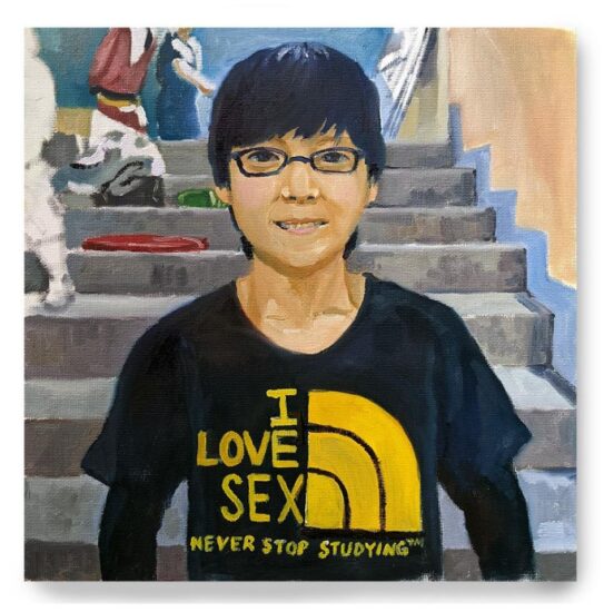 A paitning of a person with short dark hair and glasses wearing a black tshirt with gold writing "I LOVE SEX NEVER STOP STUDYING"