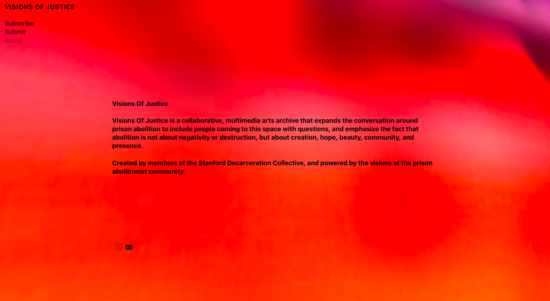 A screenshot of the Visions of Justice "about" page: a red background with black text