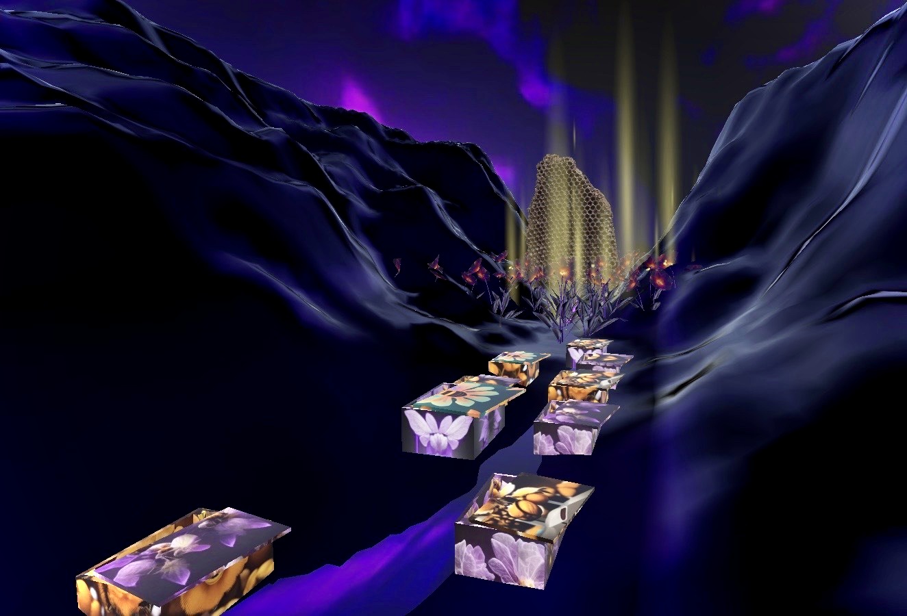 Screenshot from VR film, showing a dark mountainous landscape with floral print boxes and a towering honeycomb