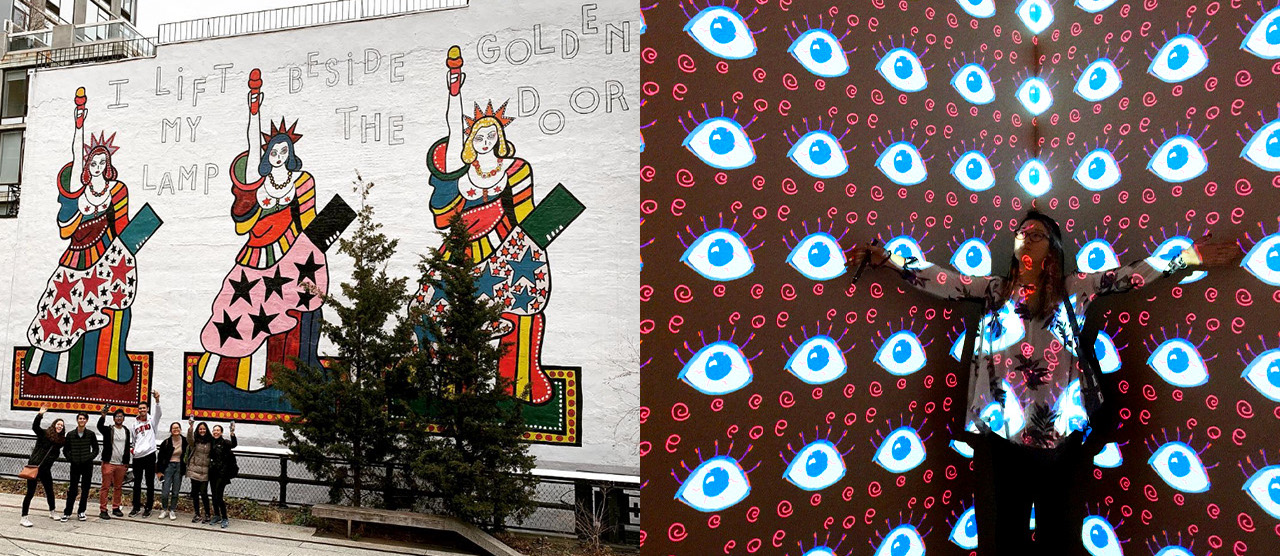 Two photos of students interacting with artwork: on the left, a group of student stand before an outdoor mural; on the right, a student seems to disappear into a projected pattern of eyes and dots