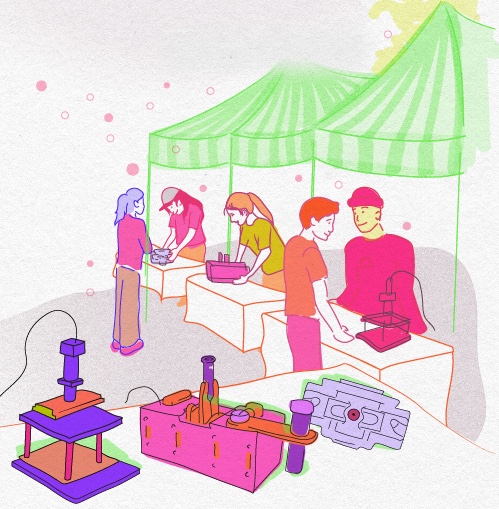 a colorful illustration of people interacting with microscopes under a tent