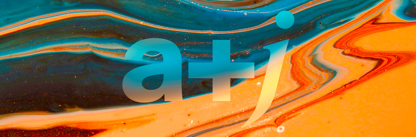 blue and yellow paint swirls with text "A+J"