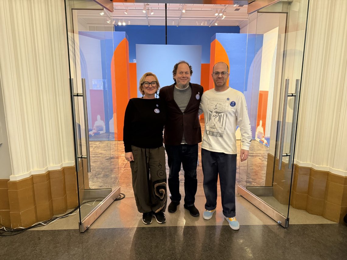 The three co-curators of the exhibition (from left to right) are Karin Denson, Shane Denson and Brett Amory.