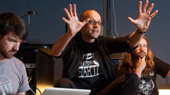 Berlin based artist Robert Henke, center, in his class ''Music 223M: Sound, Structure, and Machines'' during the spring 2013 term as the second Mohr Visiting Artist.