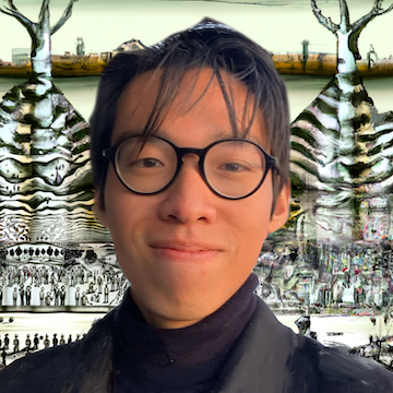 Photo of Huy Nguyen with an AI generated background of symmetrical shapes