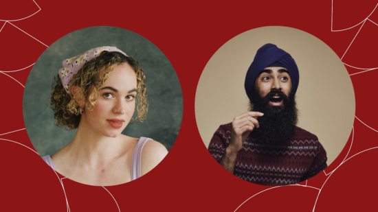 Headshots of panelists Dani Lyle (‘22), left, and JJ Kapur (‘22), right, in circular frames on a deep red background patterned with thin white line drawings of petals.