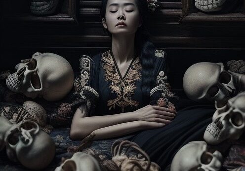 Conceptual image for Prototype One: an Asian woman surrounded by skulls