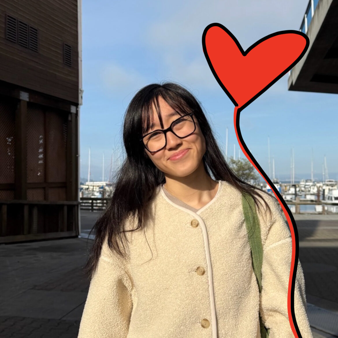 a photo of Chuyi with a sketch of a heart balloon