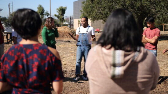 Students gathered in an outdoor classroom