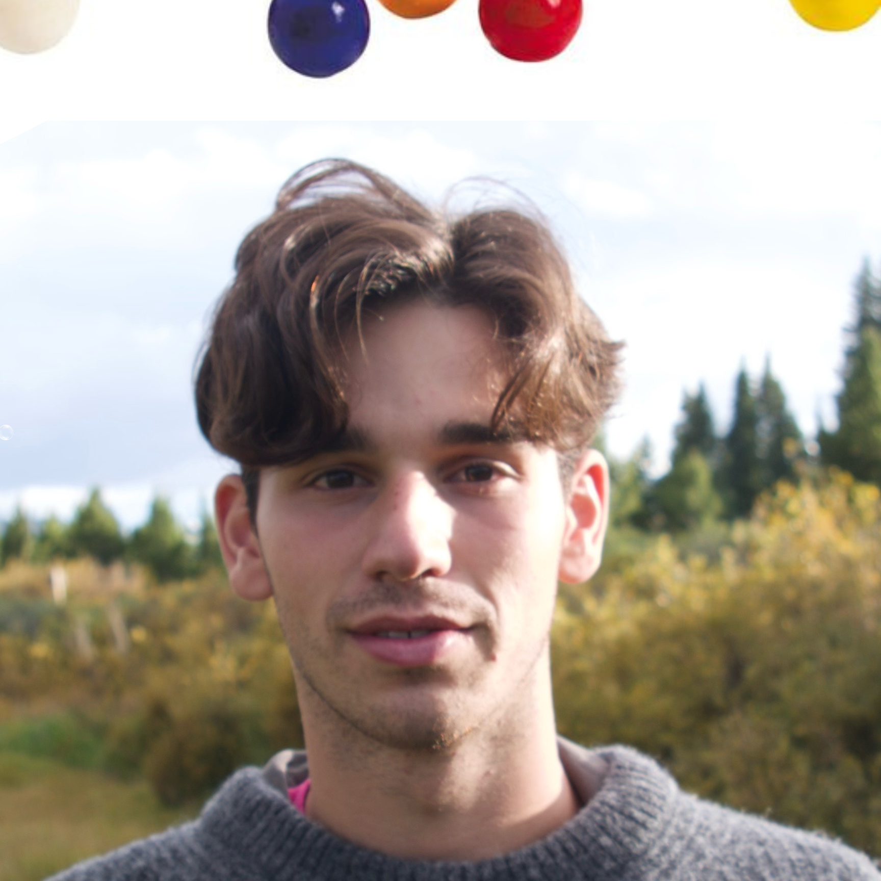 A photo of Danny Ritz in a grey sweater standing in an open field. Brightly colored balls have been edited into the top of the photo