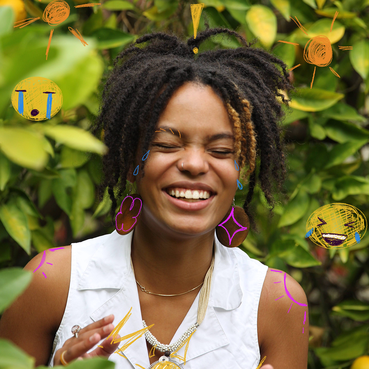 A close up photo of Dija Manly laughing, edited with brightly colored doodles