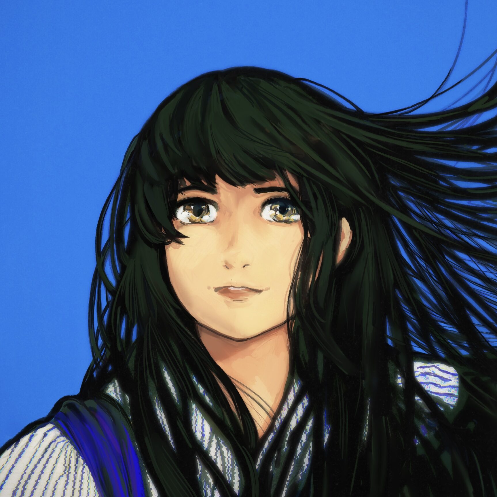 an illustration of Helen against a blue backdrop with long hair blowing in the wind