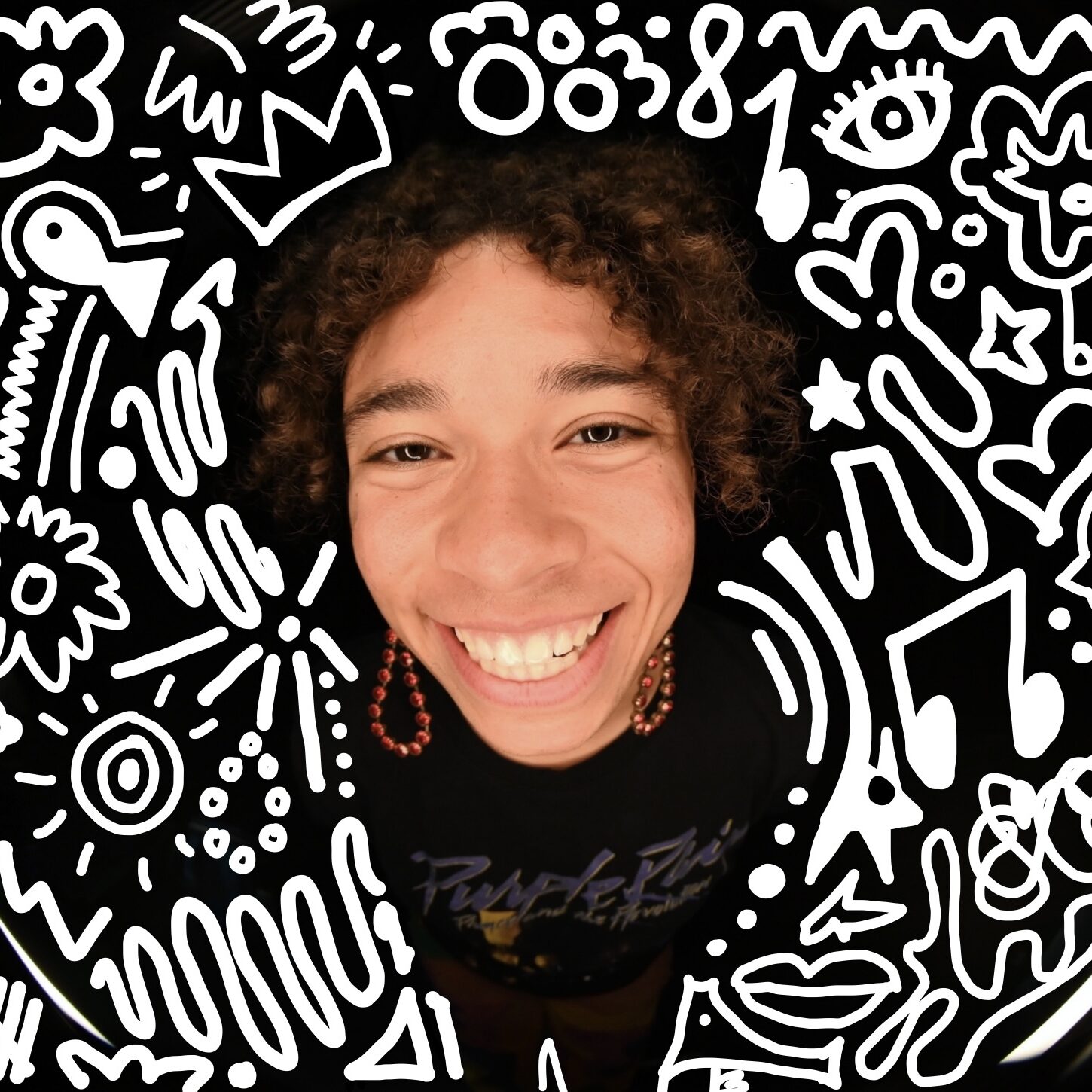 A photo of Ula taken with a fisheye lense. Illustrated background of white doodles