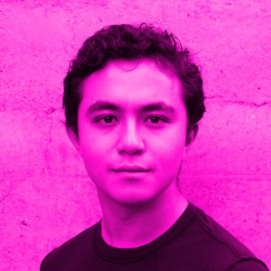 a photo of Jared with a neon pink monochromatic filter