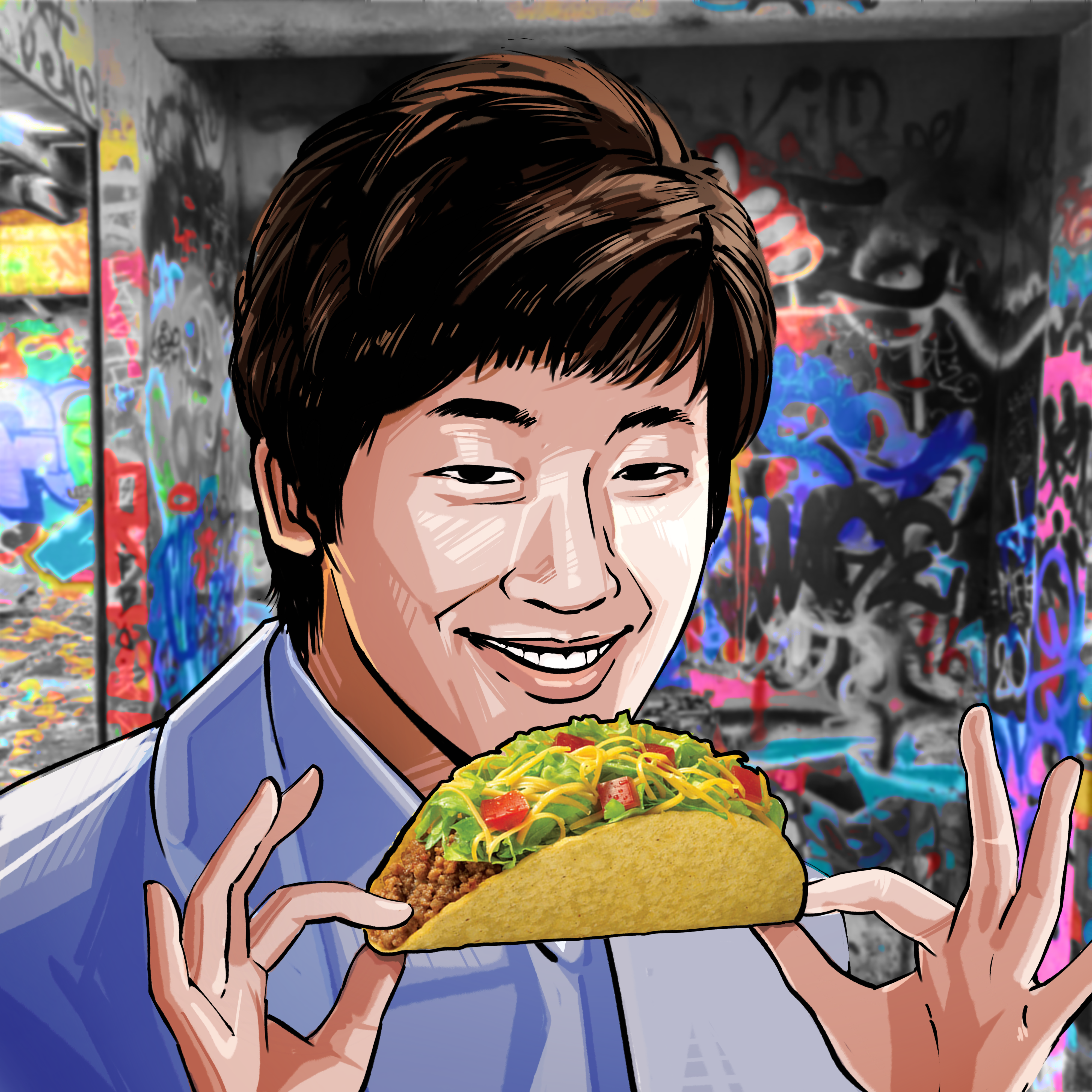 an illustration of an Asian person daintily holding a taco in front of a graffitied wall