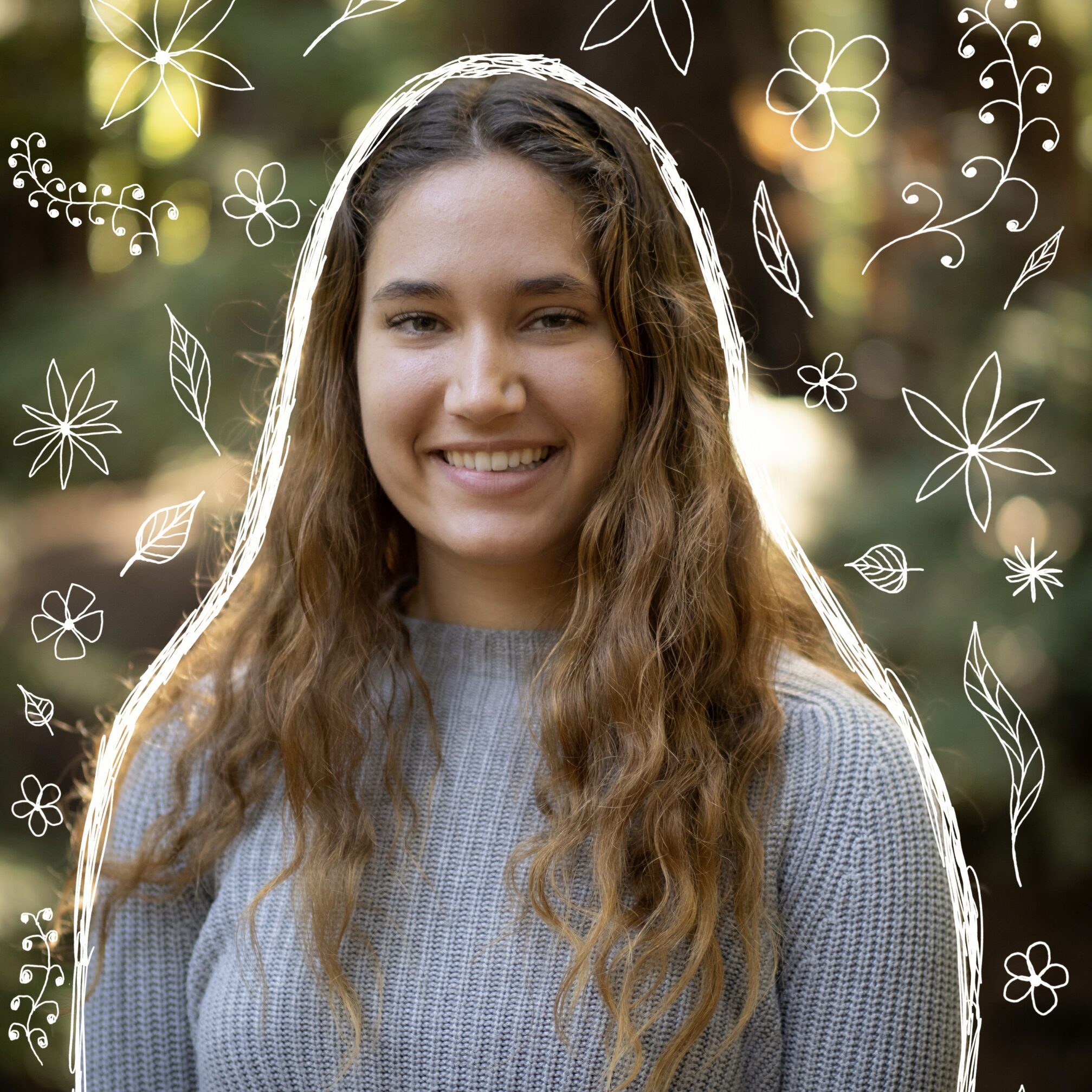 A photo of Katherine Nolan wearing a grey sweater, edited with white pencil sketches of leaves around her