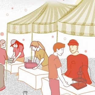 a colorful illustration of people interacting with microscopes under a tent
