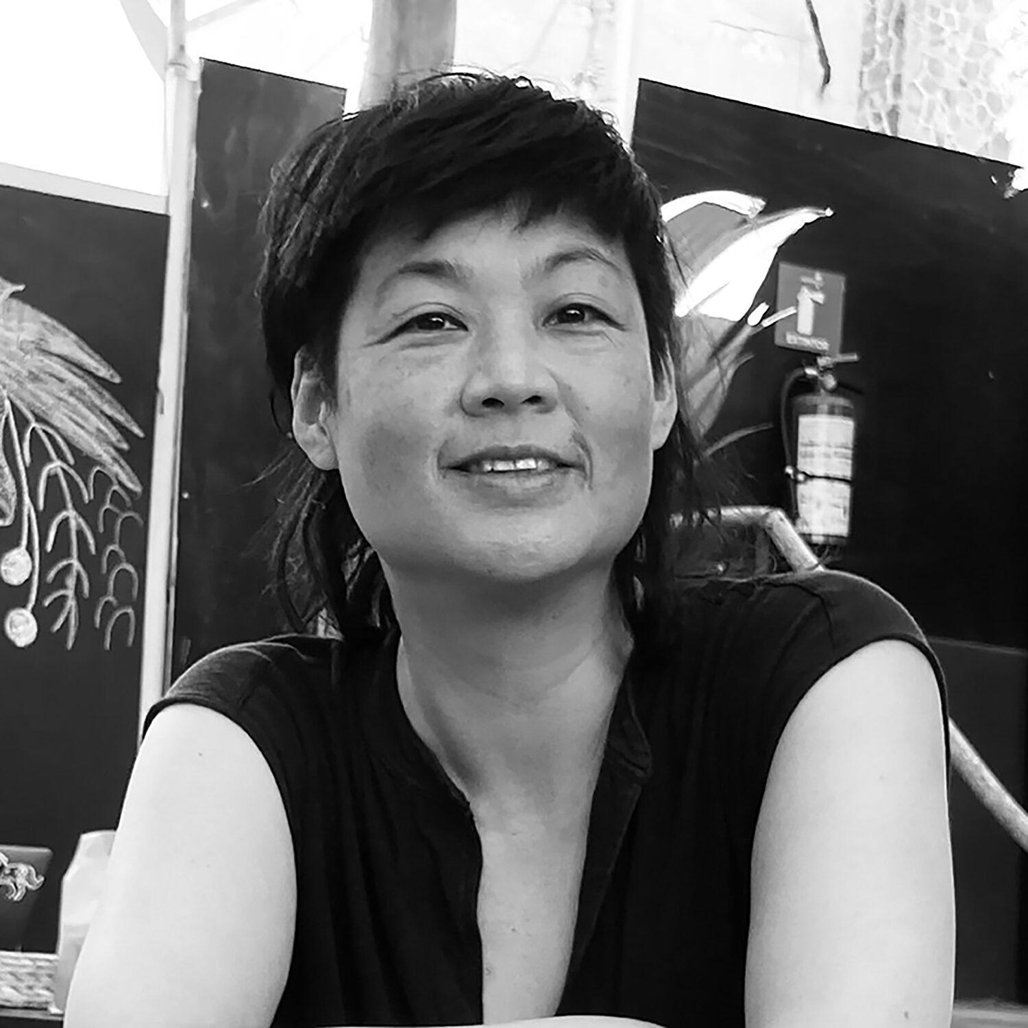 Black and white photo of artist Patty Chang