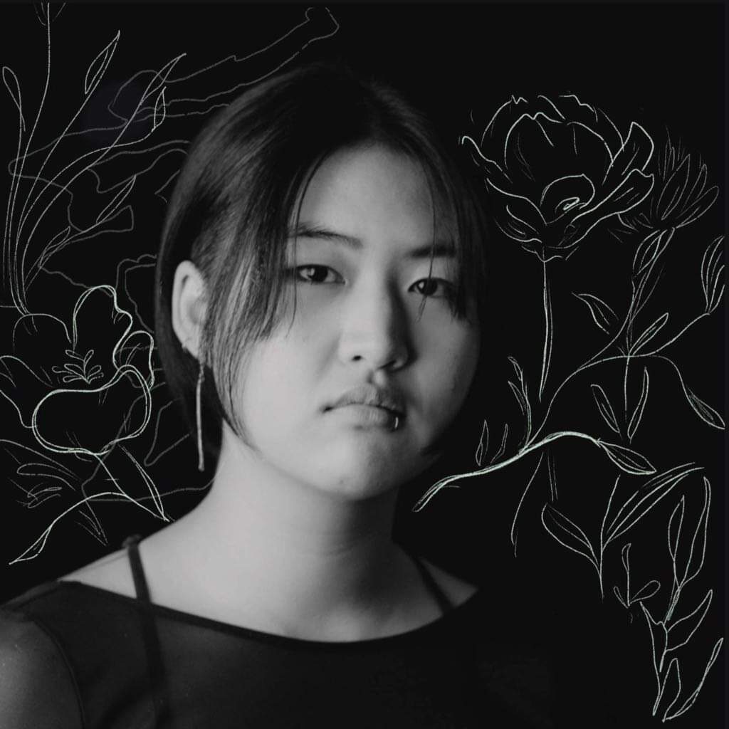 A black and white photo of Sarah Lee, edited with white pencil sketches of flowers
