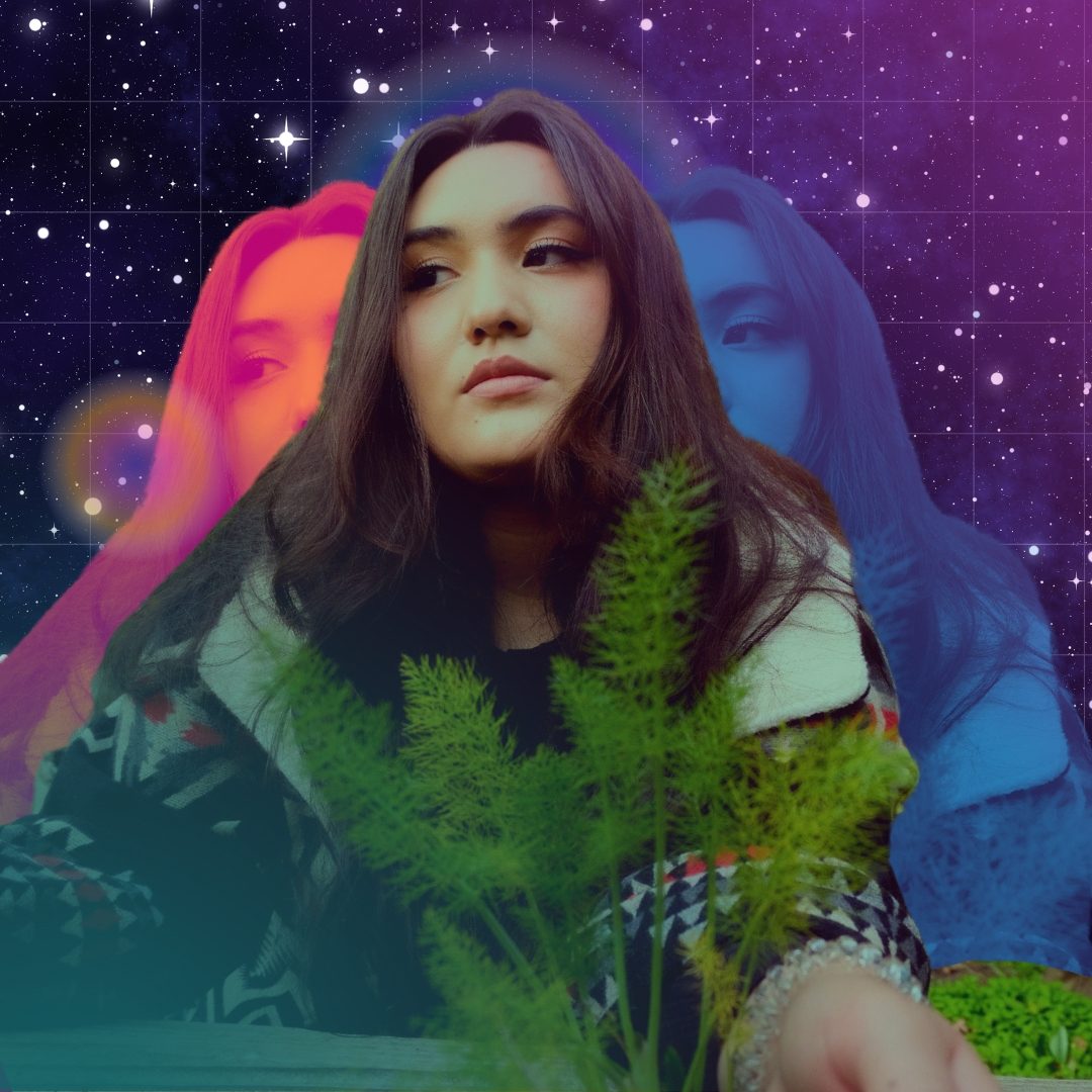 a photo collage of Ty Blackwater with a fern in hand, superimposed on a starry sky background