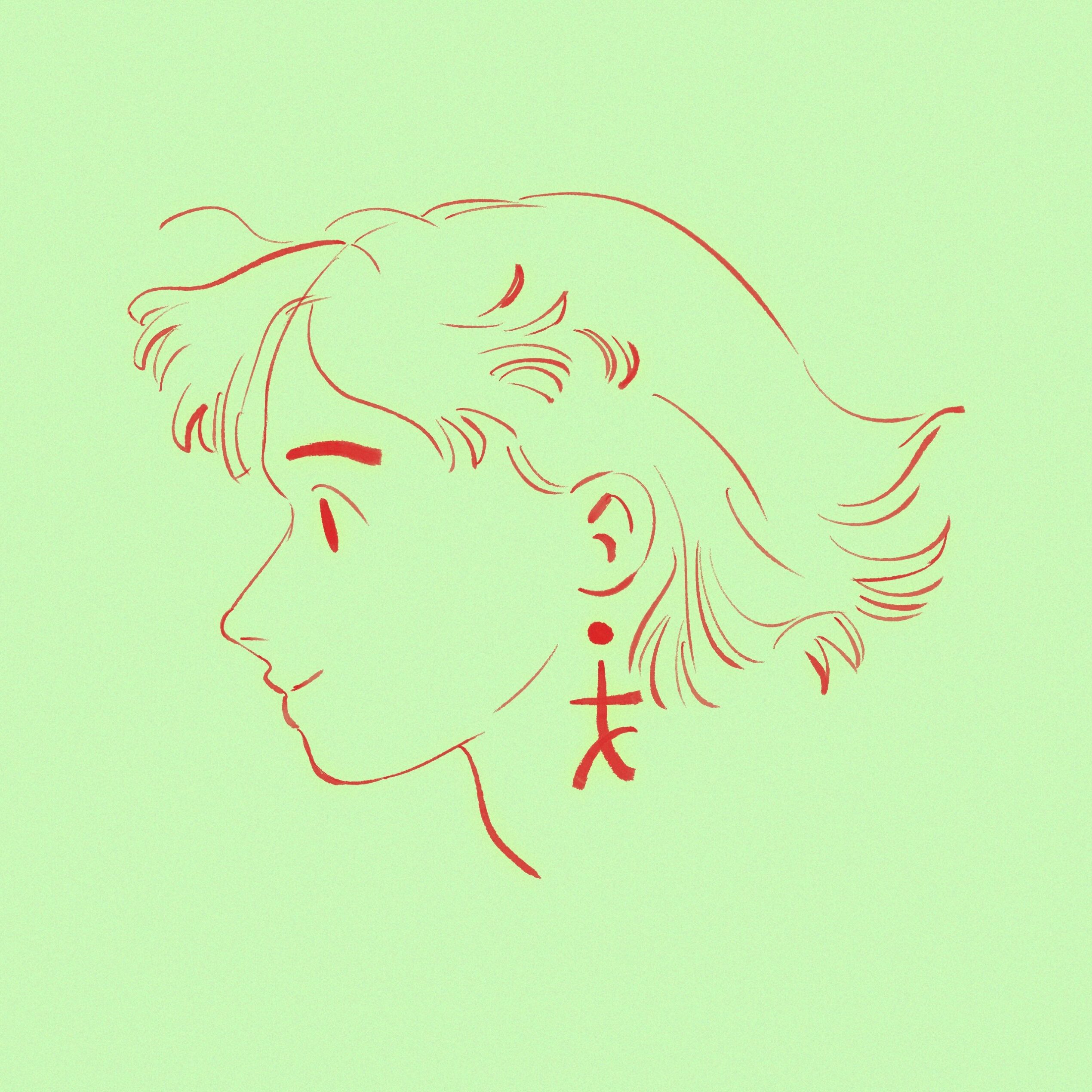 an illustration of a face in profile, done in red pen on a green background