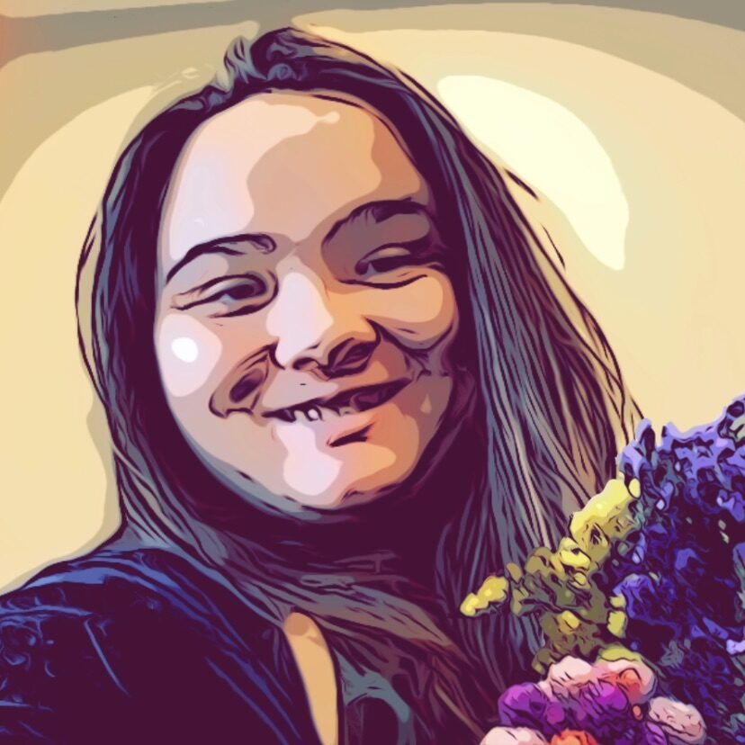 A photo of Maya Passmore holding flowers and lightly edited to look like a pencil illustration
