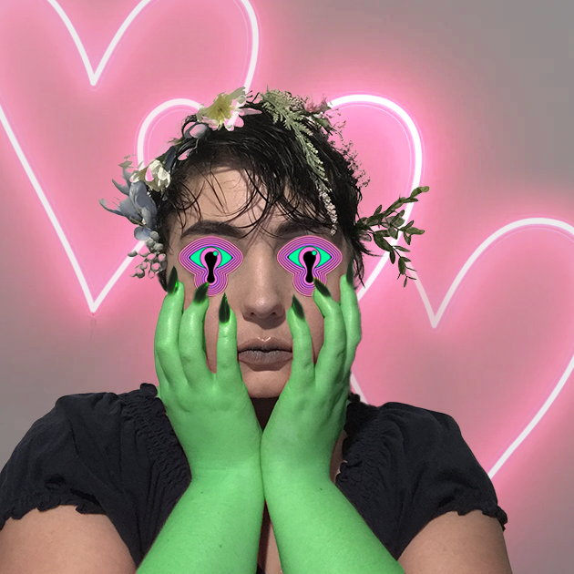 edited photo of Adi Garner wearing a black shirt, with green arms and paper cutout eyes in front of neon hearts